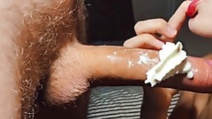 Big cock in whipped cream. Close up Blowjob with cum in mouth