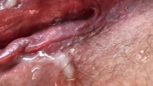 Did he Cum twice on my Hairy Pussy? Warm Cum on Pulsating Hairy Pussy. Close-Up